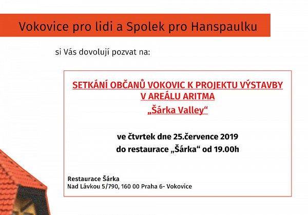 Pozvánka na setkání občanů Vokovic k projektu výstavby v areálu Aritma