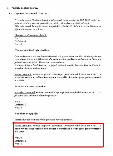 Zápis z jednání Komise dopravní MČ P6 z 21.5.2019 - podpora zjednosměrnění ulice Na Krutci za podmínky rozšíření Horoměřické